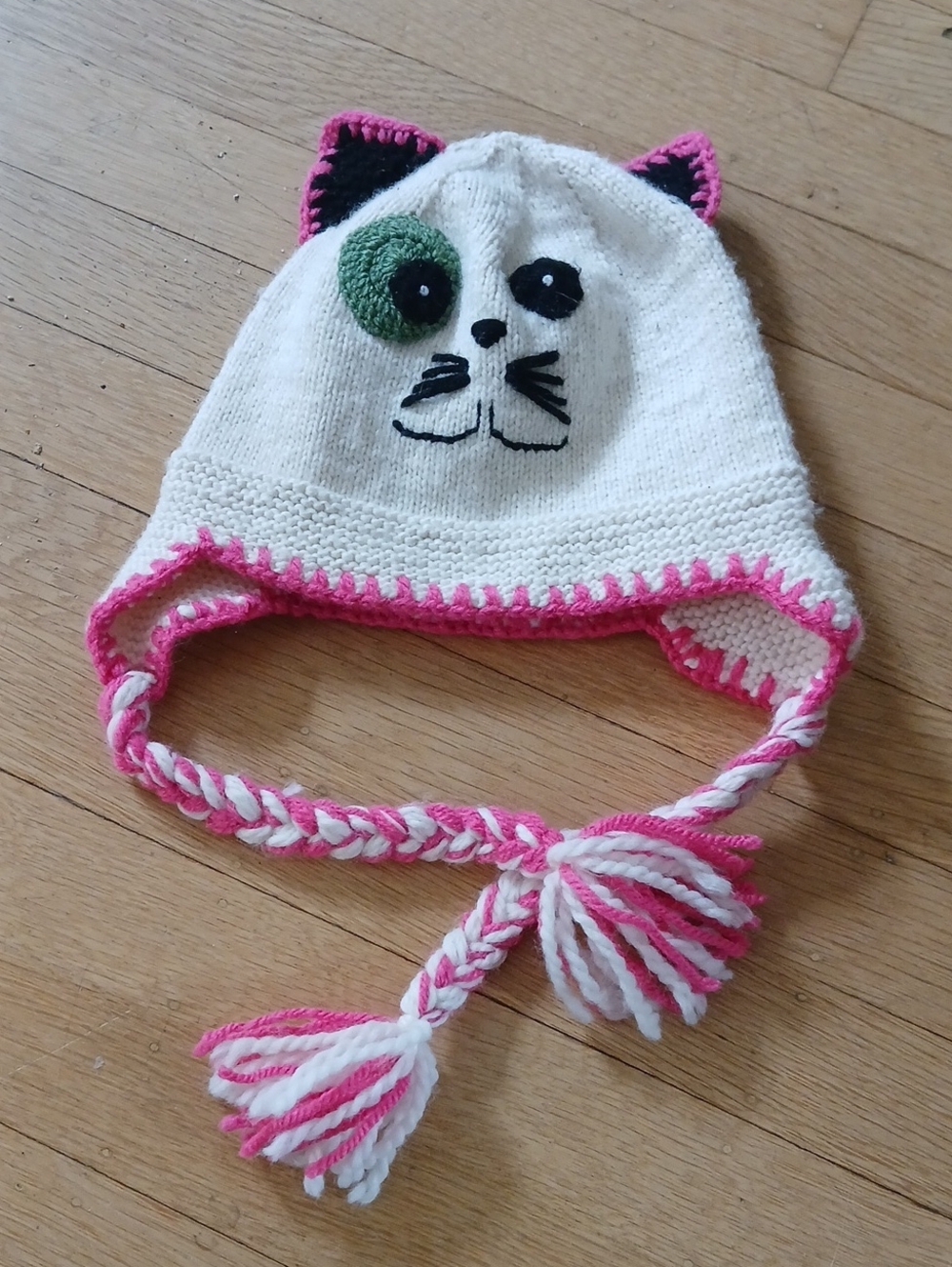 Kids Knit Cat Ear Hat Cozy Soft Playful Handmade With Pink Trim And Green Eye